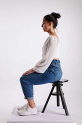 Whole Body Woman White Casual Slim Sitting Studio photo references